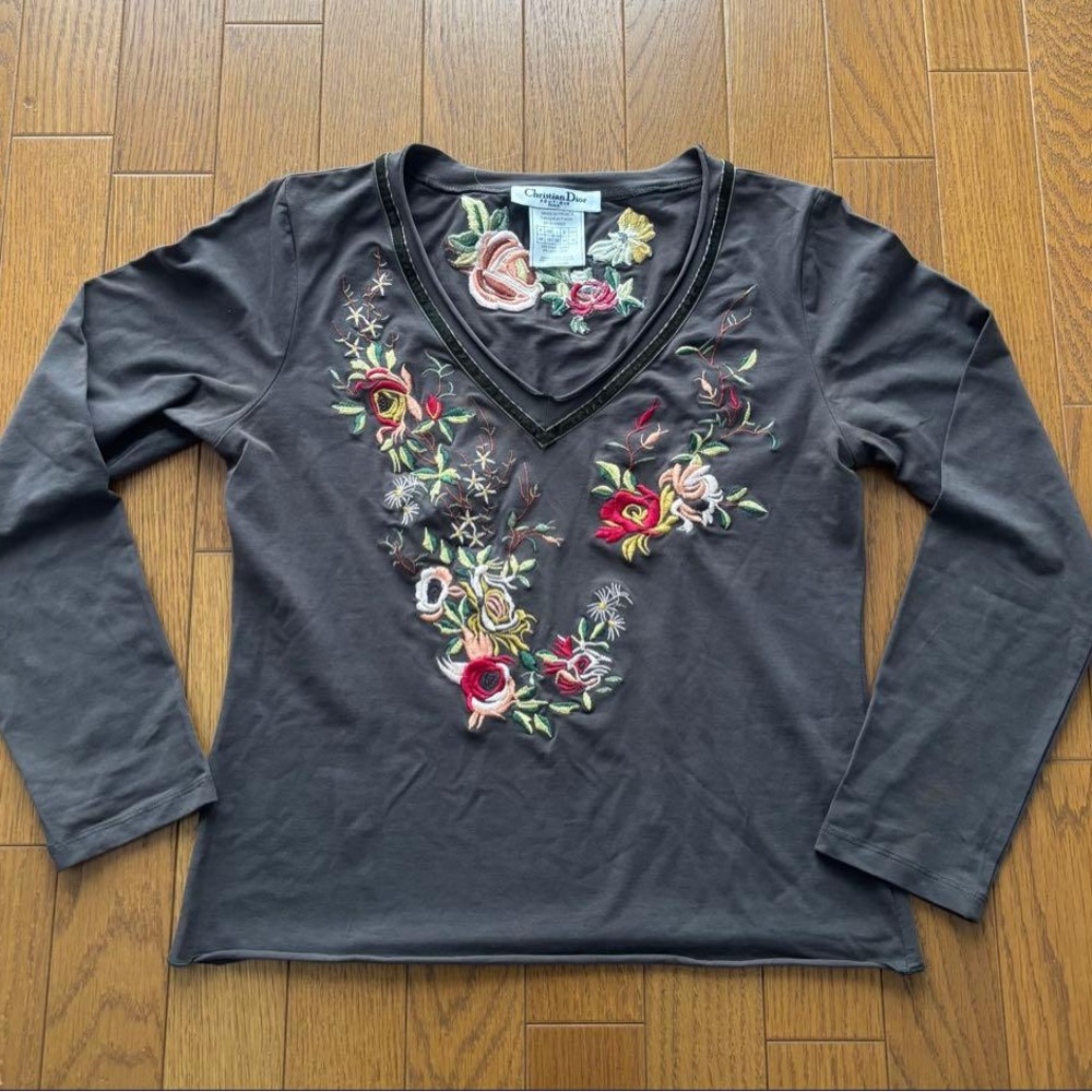 Dior Charcoal Floral Embroidered Long Sleeve Top